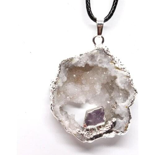 Kraft-beads Silver Plated Irregular Shape Original Rock Crystal with Amethysts Geode Pendant Ethnic Jewelry