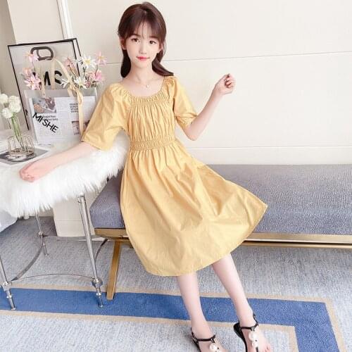2021 Cotton Summer Girls Dress School Children Leisure Style Fashion Little Girl Short Sleeve Yellow Dresses