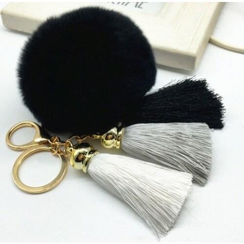 Fashion Women Rabbit Fur Cony Hair Ball Pompom Thrice Tassel Keychain Car Handbag Key Ring Pendant Gift EH405B