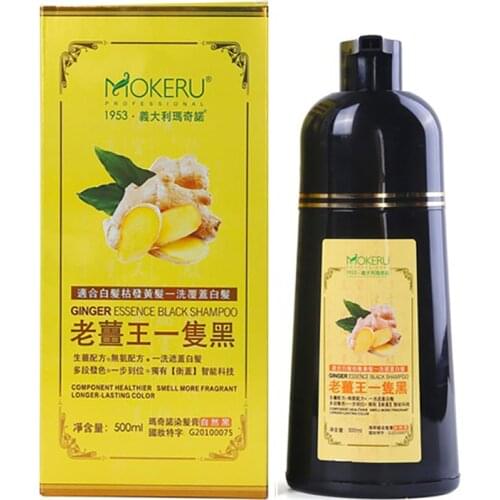 Mokeru 500ml Natural 3 in1 Ginger Extract Herbal Fast Hair Dye Shampoo Permanent Black Dye Shampoo For Cover White Gray Hair