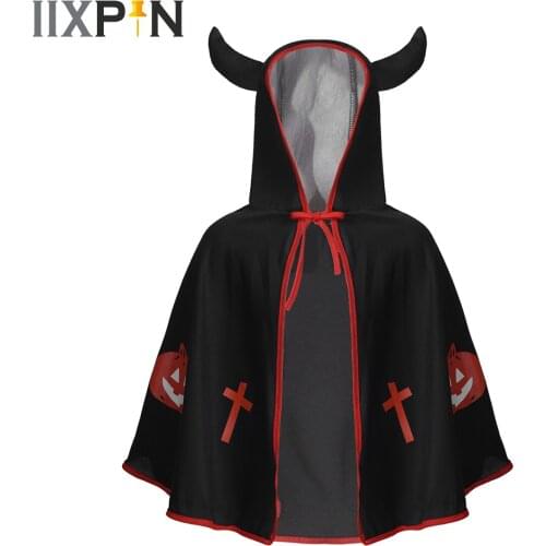 Ox Horn Cape Halloween Cosplay Costume Hooded Cloak for Kids Devil Witch Cosplay Child Costume Halloween Pumpkin Party Cloak