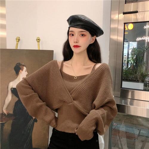 Autumn Winter 2020V Collar Crossover Tops Knitted Sweater for Women Woman Sweaters Femme Chandails Pull Hiver