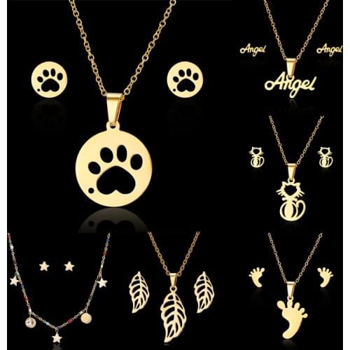 Stainless Steel Necklace Earrings Set For Women Angel Footprints Cute Cat Stars Pendant Necklace Girl Wedding Party Jewelry Gift