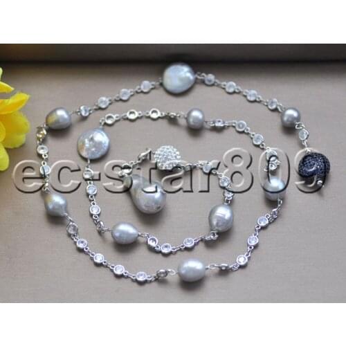 P7438 30" 26mm Gray Keshi & Baroque & Coin & Rice Pearl Necklace CZ Chain Choker Women jewelry