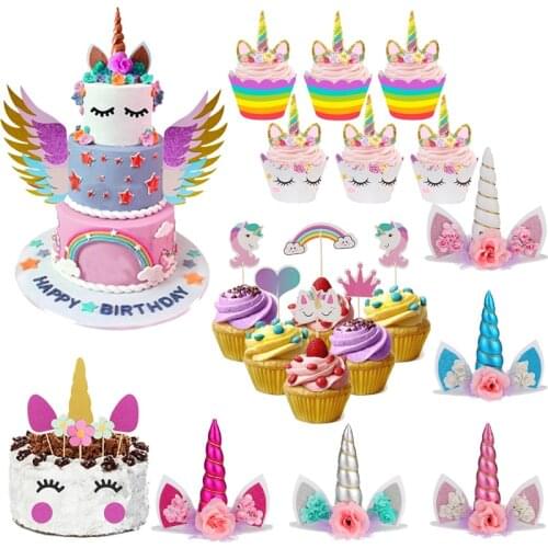 Rainbow Unicorn Cake Topper Wedding Birthday Cake Decoration Cloud Balloon Cake Flags Cupcake Topper Unicorn Party Supplies