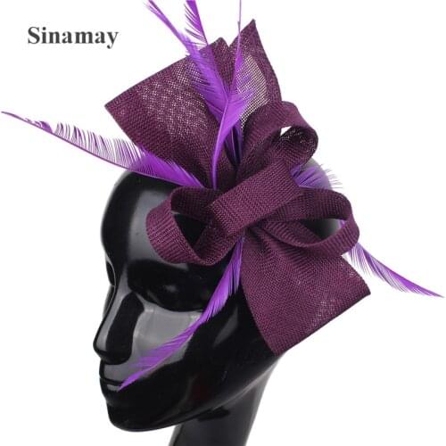 Grey Fascinator Hair Clip For Women Wedding Hat Lady Fashion Show Church Party Bride married Feather Headdress Imitation Sinamay