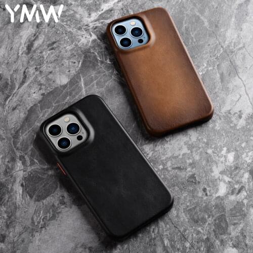 YMW Handmade Genuine Leather Case for iPhone 13 Pro Max 12 mini 11 Luxury Business Retro Oil wax Cowhide Phone Cases Cover