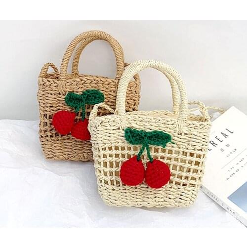 Lady Summer Beach Tote Purse Cute Cherry Bucket Shoulder Bag Girls Small Straw Bag with Handles
