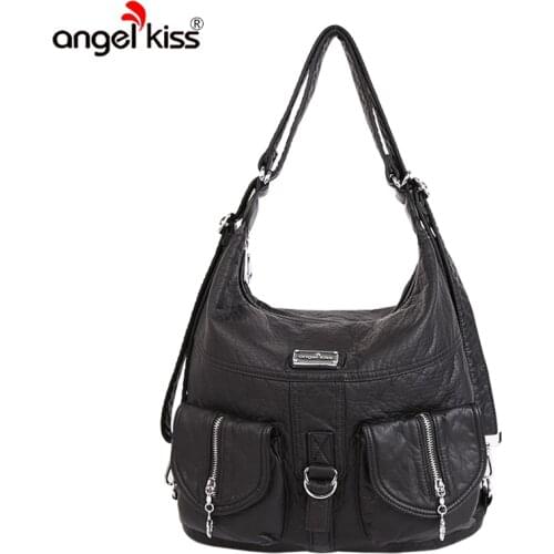 Angelkiss Brand Large Capacity Women Handbag Tote in Eco-Friendly Washed PU Leather Soft and Light Weighted Lady Shoulder Bag