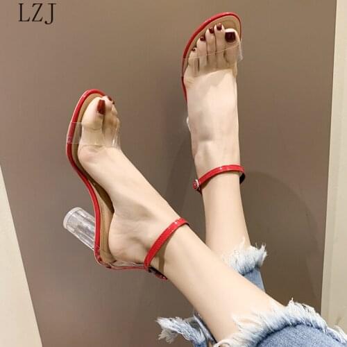 Newest Women Pumps Shoes Celebrity Wearing Simple Style PVC Clear Transparent Strappy Buckle Sandals High Heels Woman Sexy