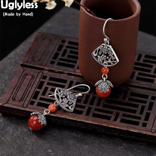 Uglyless Vintage Ethnic Thai Silver Handmade Flower Earrings for Women Real Solid 925 Silver Fine Jewelry Agate Balls Earrings