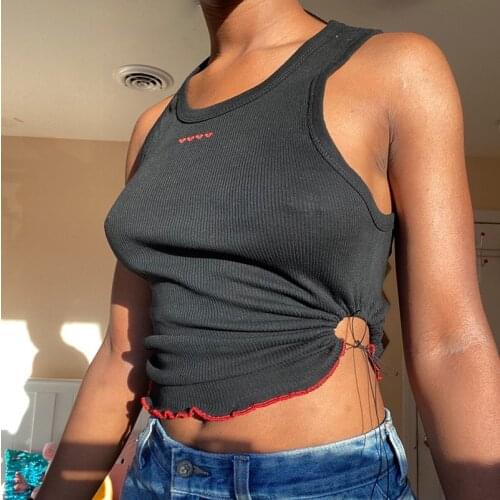 Y2K Embroidery Heart Casual Crop Top Women Summer 2021 Hollow Out Black Bandage Sexy Tank Tops Streetwear