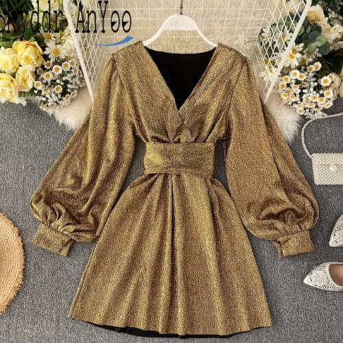 2019 Fashion Golden Glitter Dress Women Lantern Long Sleeve Autumn Party Dress V-Neck Lace-up Elegnat Ladies Christmas Dress