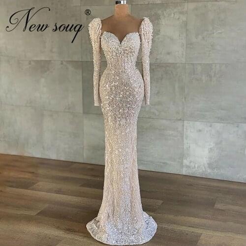 Beaded Muslim Mermaid Evening Dresses 2021 Luxury Sparkle Long Sleeves Formal Prom Dress Vestido De Festa Saudi Arabia Women