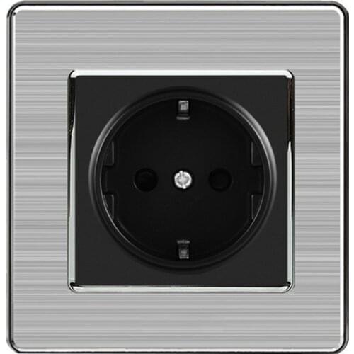 16a Eu Standard Wall Socket Luxury Power Outlet Enchufe Stainless Steel Brushed Silver Panel Electrical Plug Ac 110~250v