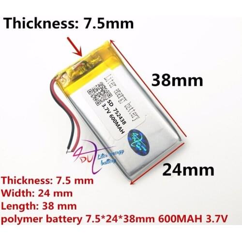 752438 3.7V 600MHA medical devices can be security door bell emergency lamp Bluetooth lithium battery factory direct sales