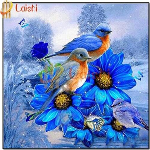 Blue chrysanthemum and face bird diamond embroidery diamond painting full square round drill diamond mosaic art home decoration