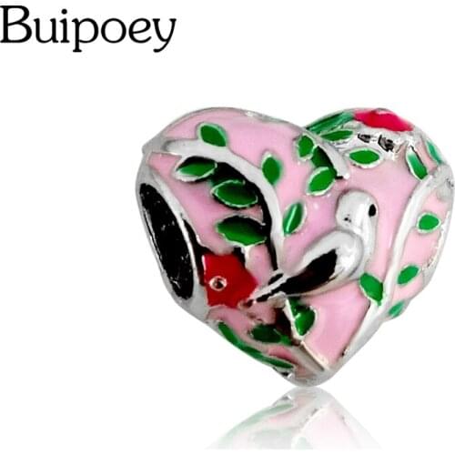 Buipoey New Pink Branch Bird Heart-shaped Beaded Charm Fit Brands Bracelet Accessoriy Original Necklace DIY Snake Chain Jewelry