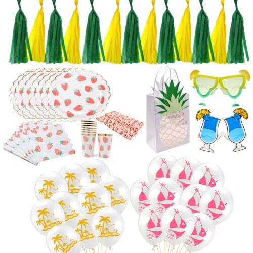 Hawaii Party Decoration Paper Fruit Strawberry Lemon Tableware Set Flamingo Air Balloon Glasses For Birthday Beach Party Supply