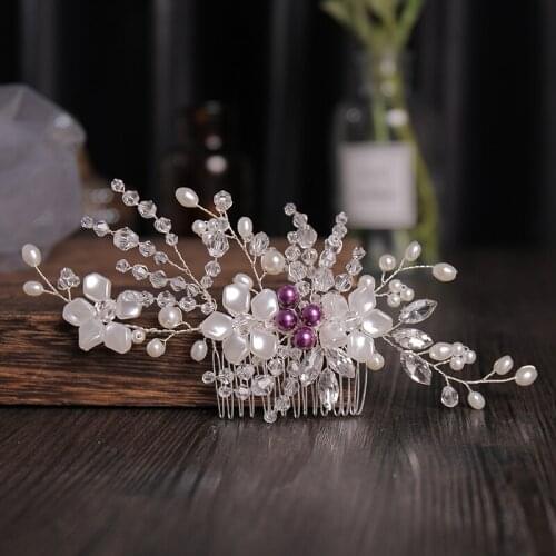 Baroque Vintage Silver Color Hair Combs Purple Pearls Crystal Handmade Headpiece Bridal Hair Accessories Wedding Women Jewelry