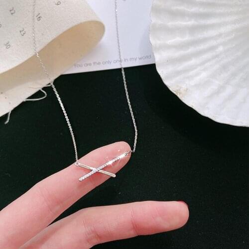 Fashion Sparkling Zircon Geometric Cross Stick Line Pendant Necklace for Women simple Link Chain Fine Jewelry Chain Necklaces