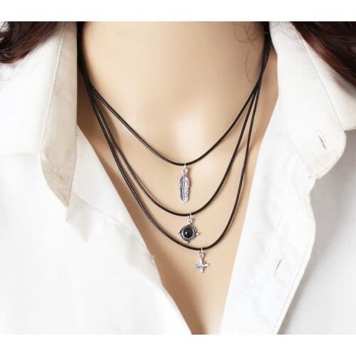 2018 new New Arrival Elegant Fashion Women Black Leather Rope Multilayer Leaves Gem Stars False Choker Collar Necklace Bijoux