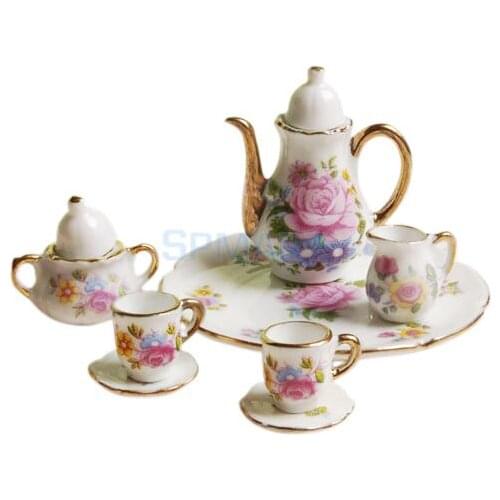 NEW ARRIVAL Childrens Classic Toys 8pcs Dollhouse Miniature Dining Ware Porcelain Tea Set Dish Cup Plate -Pink Rose HOT SALE