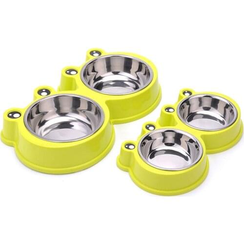 3 Color Cartoon Snail Shape Plastic Pet Dog Cat Stainless Steel Feeding Dish Bowl Food Water Double Drink Eating Feeder