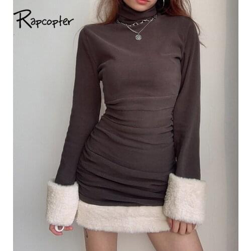 Rapcopter Brown Knitted Mini Dresses Feathers Patched Long Sleeve Knitwear Short Dresses Women Y2K Harajuku Party Dress Autumn