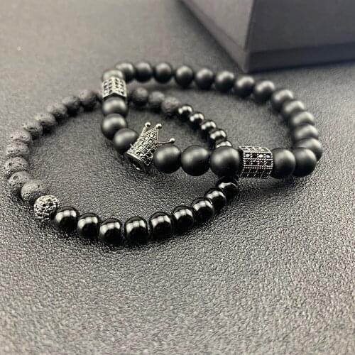 Luxury Crown bracelets set Pave Cubic zirconia Cylinder ball Charms natural stone beads men Bracelets & Bangles for men Jewelry