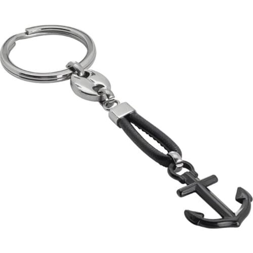 Runda Fashion MenS And WomenS Anchor Keychain With Black Leather Rope Stainless Steel Jewelry Holiday Gift
