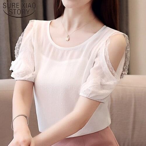 Chiffon Women Shirts Women Tops and Blouses White Blouse Women Short Sleeve Shirts Lace-up Doll Temperament Strapless 3396 50