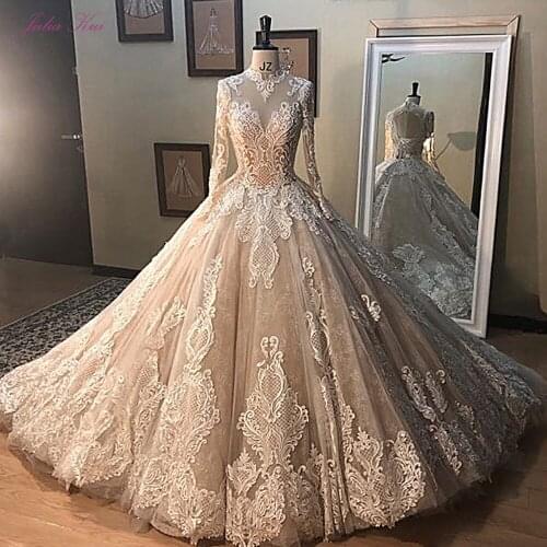 Julia Kui Gorgeous Champagne Ball Gown Wedding Dress With Long Sleeve Elegant Wedding Lace Bridal Dress