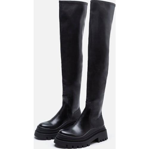 Street Style Fashion Martin Boots 2021 Autumn Platform Elastic Over-the-knee Boot Leisure Shoes Woman Botines Mujer Black Botas