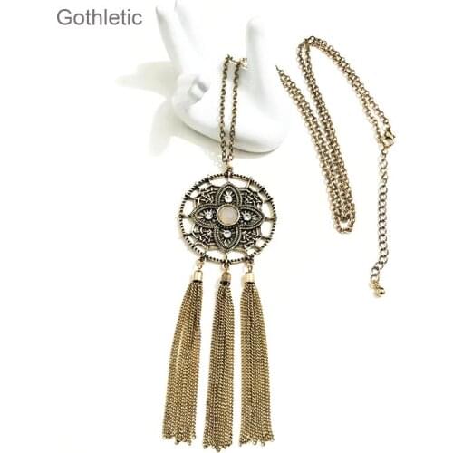 Gothletic Antique Gold-color Alloy Dreamcatcher Pendant Necklace Trio Chain Tassel Long Necklace for Women Vintage Boho Jewelry