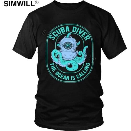 Funny Scuba Diver T-Shirt Unique Design Cotton Tshirt Men Short Sleeve The Ocean is Calling T-shirt Octopus Diving Tee Tops Gift