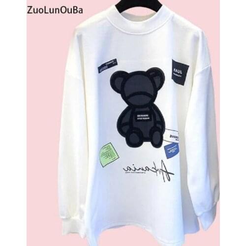 ZuoLunOuBa Spring Summer Casual Long Sleeve Loose Women T Shirt Embroidery Harajuku Cartoon Letter Small Bear Tees Tops Female