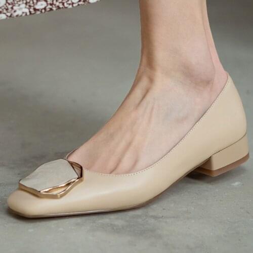 Womens genuine leather square toe slip-on flats single shoes metal buckle decoration female soft comfortable casual shoes women