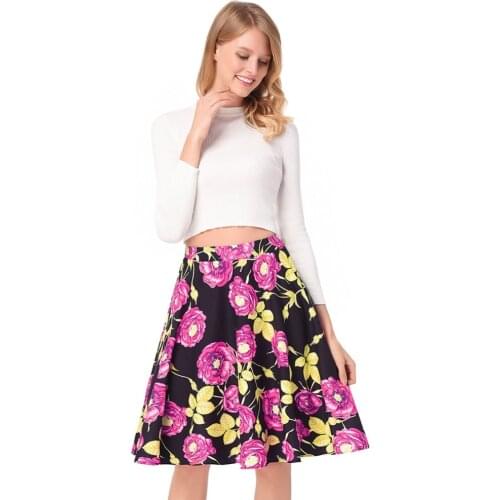 2019 spring summer new womens high waist A word skirt retro Hepburn rose print Cute fashion office lady Pleated skirt