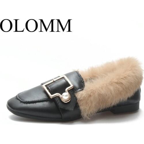 OLOMM fur shoes female 2019 autumn and winter large size new Korean version of the wild peas shoes warm non-slip shoes AB-16