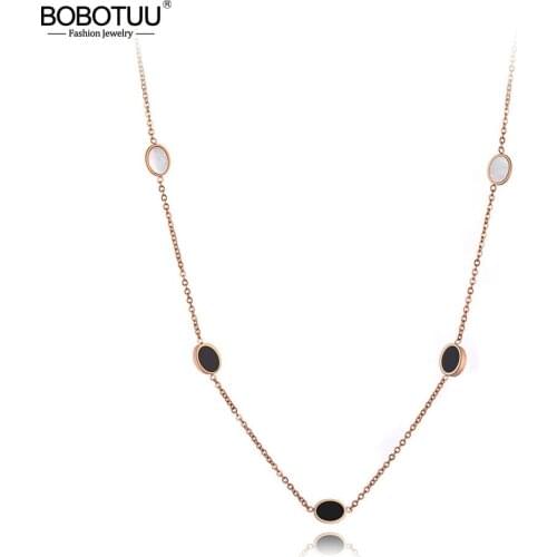 BOBOTUU Fashion Stainless Steel Oval Black Acrylic & White Shell Chain Pendant Necklaces For Women Girls Choker Necklace BN19171