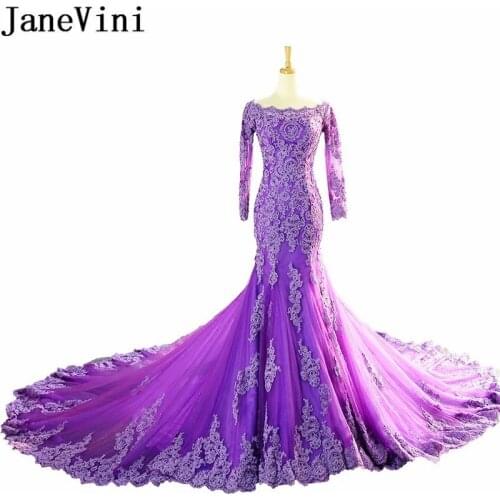 JaneVini 2019 Arabic Purple Mermaid Party Dresses Dubai Women Long Sleeve Prom Dresses Lace Pearls Long Train Bridesmaid Gowns