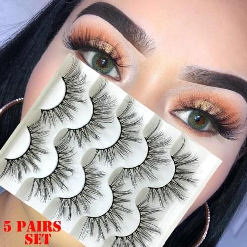 5 Pairs 3D Faux Mink Hair False Eyelashes Natural Long Full Volume Wispies Classic Handmade Eyelashes Extension Makeup Tool