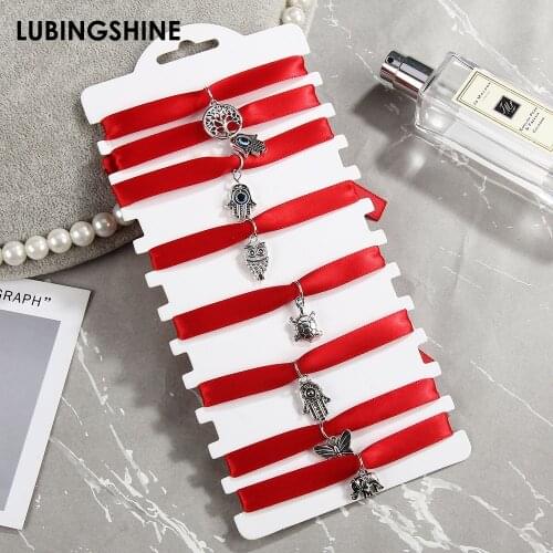 8pcs Simple Lucky Red Ribbon Bracelet Set Metal Elephant Butterfly Owl Charm Bracelets For Women Men Handmade Adjustable Jewelry