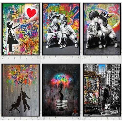 Banksy Street Graffiti Art Love Boy and Girl Diamond Painting Cuadros Posters and Print Wall Art for Living Room Home Decor