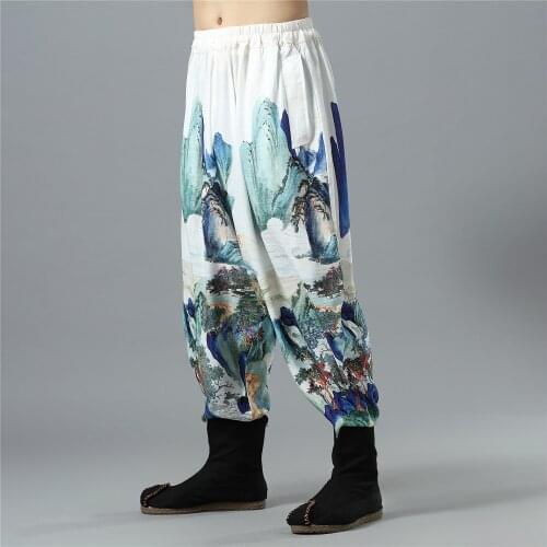Men Casual Baggy Linen Chinese Traditional Printed Loose Wide Leg Harem Crotch Pant Bloomers Jogger Running Workout Yoga Pant