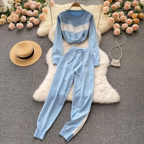 Croysier Autumn Winter Two Piece Set Women 2021 Fashion Contrast Color Knitted Tracksuit Women High Waist Casual Pants Sets