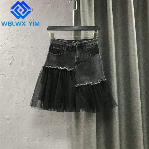 High waist Black A-Line Denim Skirt Women Fashion Mesh Irregular Spliced Short Skirt Female Loose Plus size Mini Skirts Summer