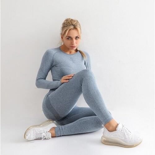 European and American seamless yoga clothes two-piece suit women outdoor fitness tight-fitting long-sleeved warm yoga pants wome