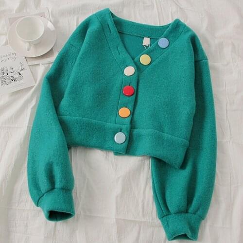 Women Colorful Button V-neck Knit Cardigan Coat Spring Autumn Loose Long Lantern Sleeve Crocheted Jacket Crop Tops Sueter Mujer